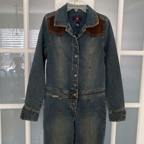 U.S. Polo Assn. Vintage 80s Disco Denim Long Sleeve Flare Leg Jumpsuit Size 9/10 - Picture 5 of 13